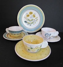 Vintage Signed Ceramic 3 Small Tea Cups & Saucers, 1 Plate, Hand Painted Floral