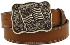 Nocona Mens Western American Flag Buckle Stitched Edge Leather Belt