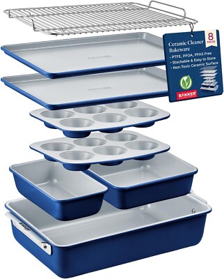 Bakken 8-Piece Stackable Bakeware Set Navy Blue Ceramic Non-Stick Backing NEW