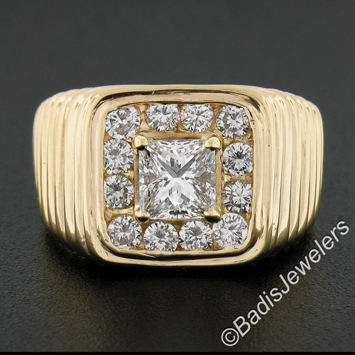 Men's Ribbed 14K Gold 1.91ctw GIA Princess Cut Diamond Solitaire & Halo Ring - Picture 2 of 11
