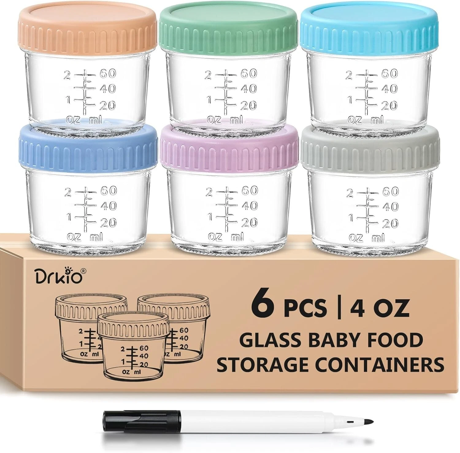 DRKIO 6 Pack Glass Baby Food Storage Containers - 4 Oz Baby Food Jars w/Lids
Opens in a new window o