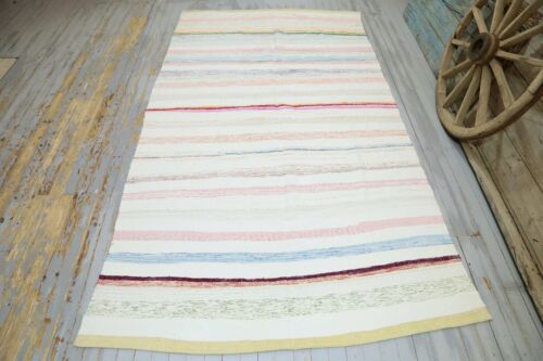 6.4x9.8 Turkish Rag Rug, Natural Cotton, Neutral White Cream Beige Kilim Rug - Picture 1 of 10