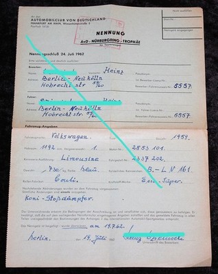 AvD - Nürburgring - Trophäe , Nennung Formular 1962