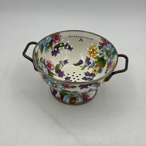 Mackenzie Childs Enamel Colander Strainer White Flower Market 6 1/4” D Handles