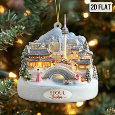 Personalized Seoul Christmas Ornament, 2D Flat Korea Landmark Ornament, Gift