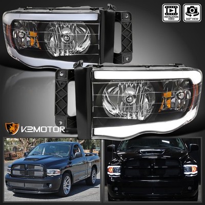 Black Fits 2002-2005 Dodge Ram 1500 2500 3500 LED Tube Headlights Left+Right
