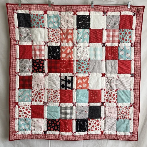 Quilt Handmade Lap Throw Country Farm Charming Strawberry Chickens Cows Blue Red