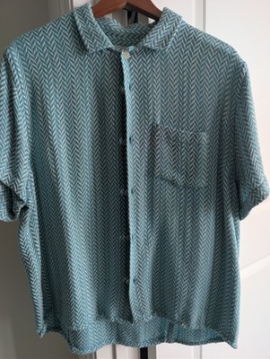 Corridor NYC Mens Large Woven Aqua Striped Button Up Short Sleeve 100%Cotton