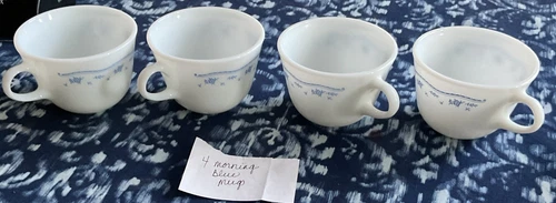 Vtg Pyrex Corning Corelle Morning Blue Floral Milk Glass Coffee Tea Cup Set 4