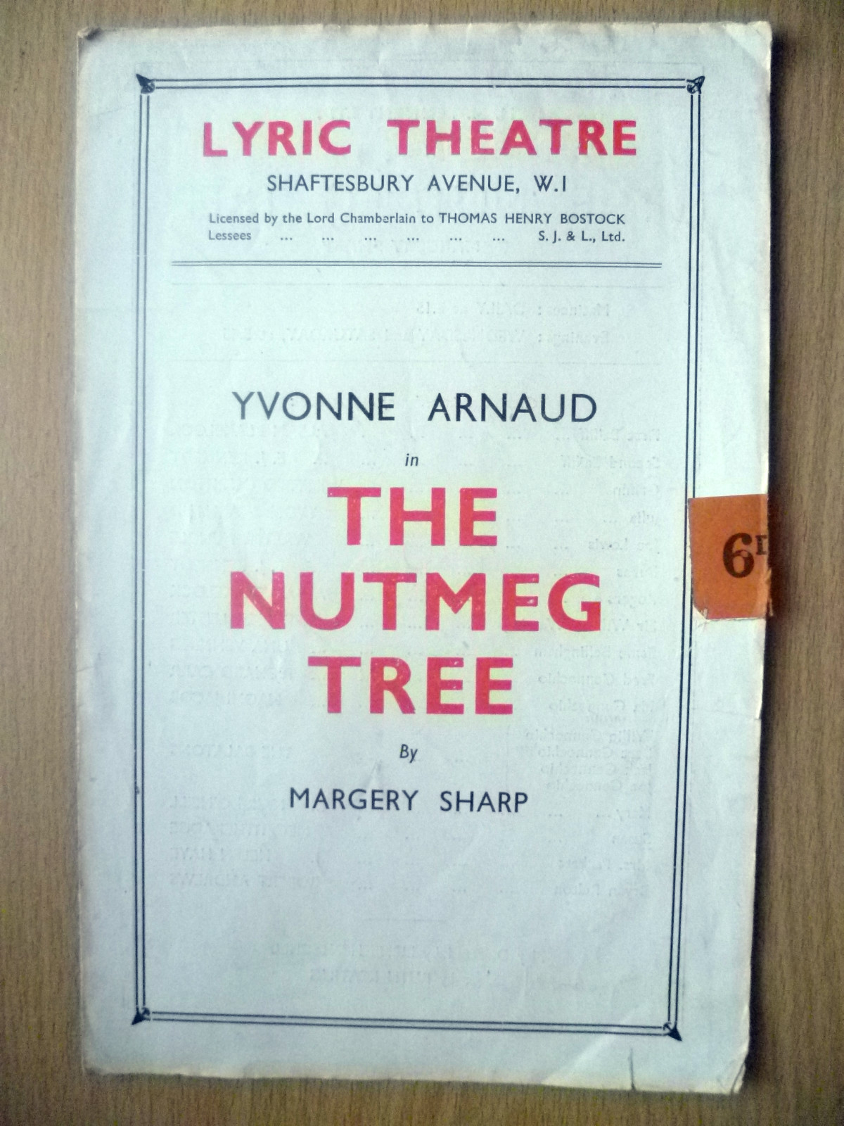 Lyric Theatre Programme Yvonne Arnaud's THE NUTMEG TREE by Margery