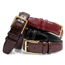 Men's Gold Buckle Genuine Leather Alligator Embossed Dress Belt 1-3/8" Wide