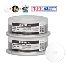 50 Ritek Pro BD-R 4X 25GB Water Resistant Glossy White Inkjet Hub Printable Disc