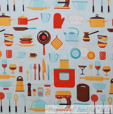 BonEful FABRIC FQ Cotton Quilt Blue Retro Kitchen Pyrex Cook Bake Chef Hat Tool
