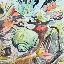 original watercolor painting signed 8x8 Tiffany Chesser Big Fat Toad Animal Fall