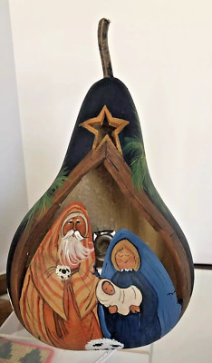 Hand Painted Pear Gourd Nativity Scene Christmas Light up Signed By Artist