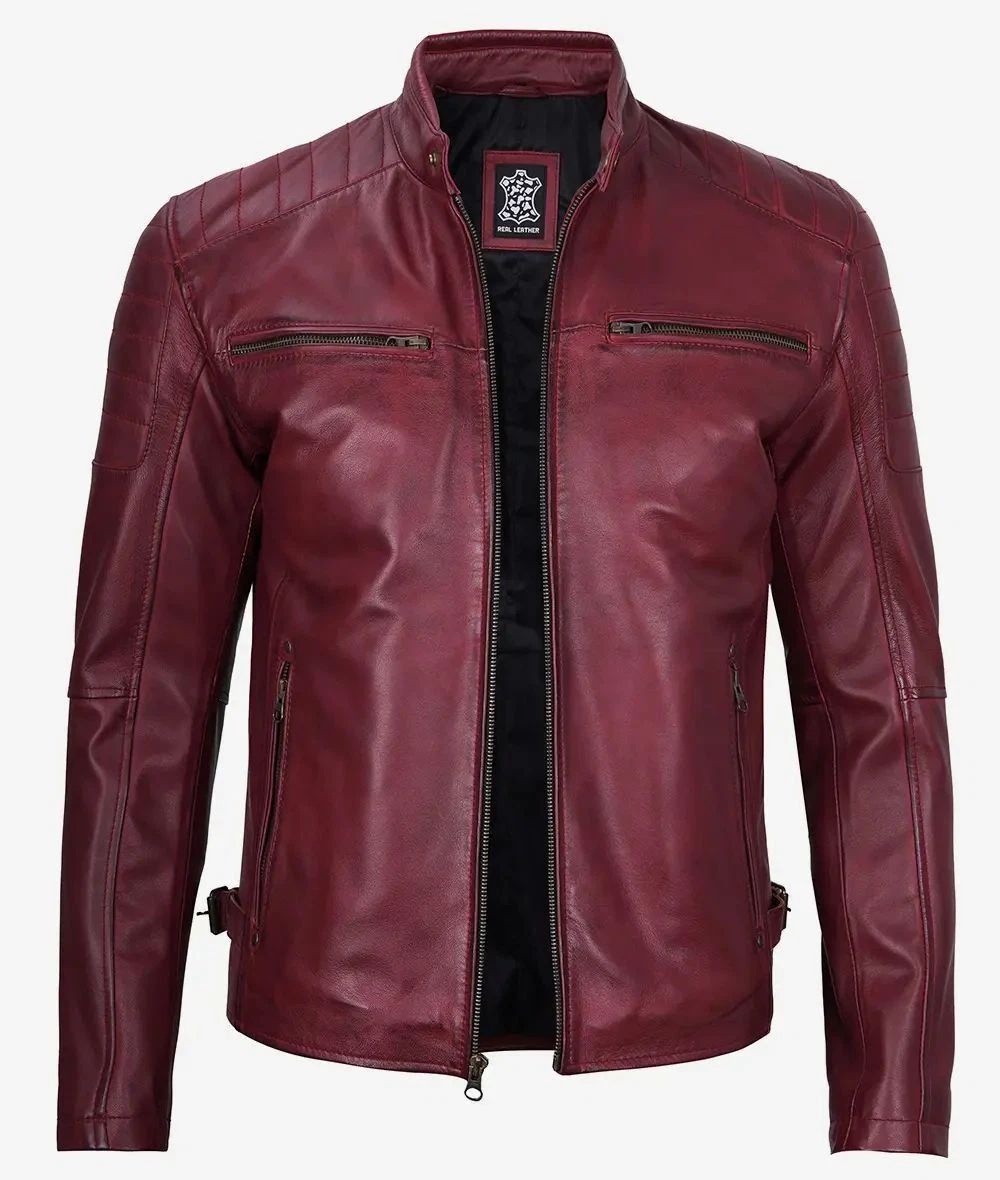 Men's Stylish Moto Racer Biker Bomber Genuine Sheepskin Maroon Leather Jacket