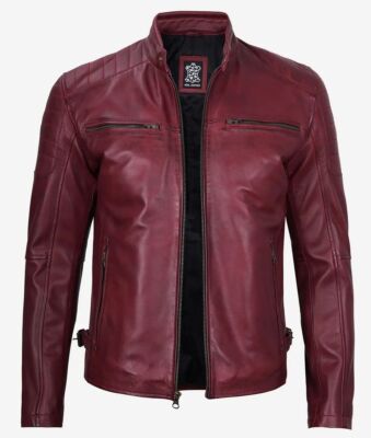 Men's Stylish Moto Racer Biker Bomber Genuine Sheepskin Maroon Leather Jacket
