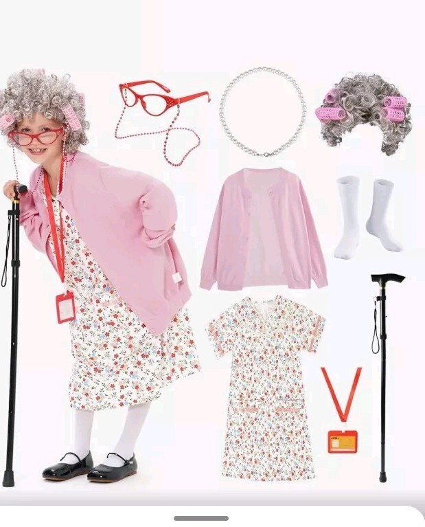 Disfraz de Vieja Dama para Niños 100º Día de Escuela Niñas Vestir Abuela 4-6 años