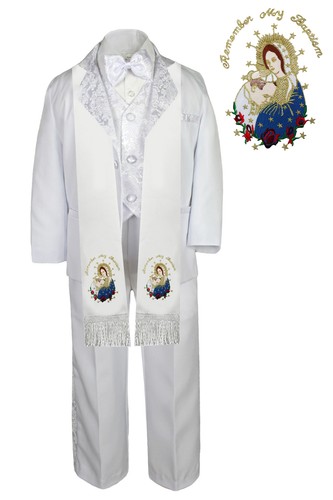 6pc Baptism White Tuxedo English Spanish Silver or Gold Pope Mary on Stole S-20 - Picture 7 of 14