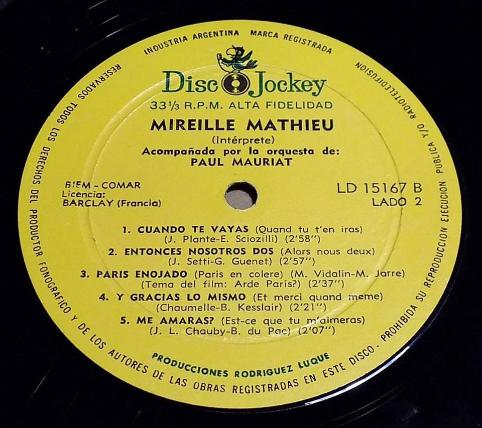 MIREILLE MATHIEU S/T Argentina LP 1967 Disc Jockey Chanson PAUL MAURIAT - Image 4 of 4