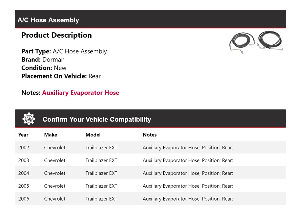 Conjunto de manguera de aire acondicionado trasera 2003 2004 para Chevrolet Trailblazer EXT Dorman 2002-2006 Foto 2 de 4