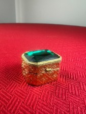 FLORENZA JEWEL PILL BOX CASE STASH TRINKET GOLD Green RHINESTONE MCM Gift Idea