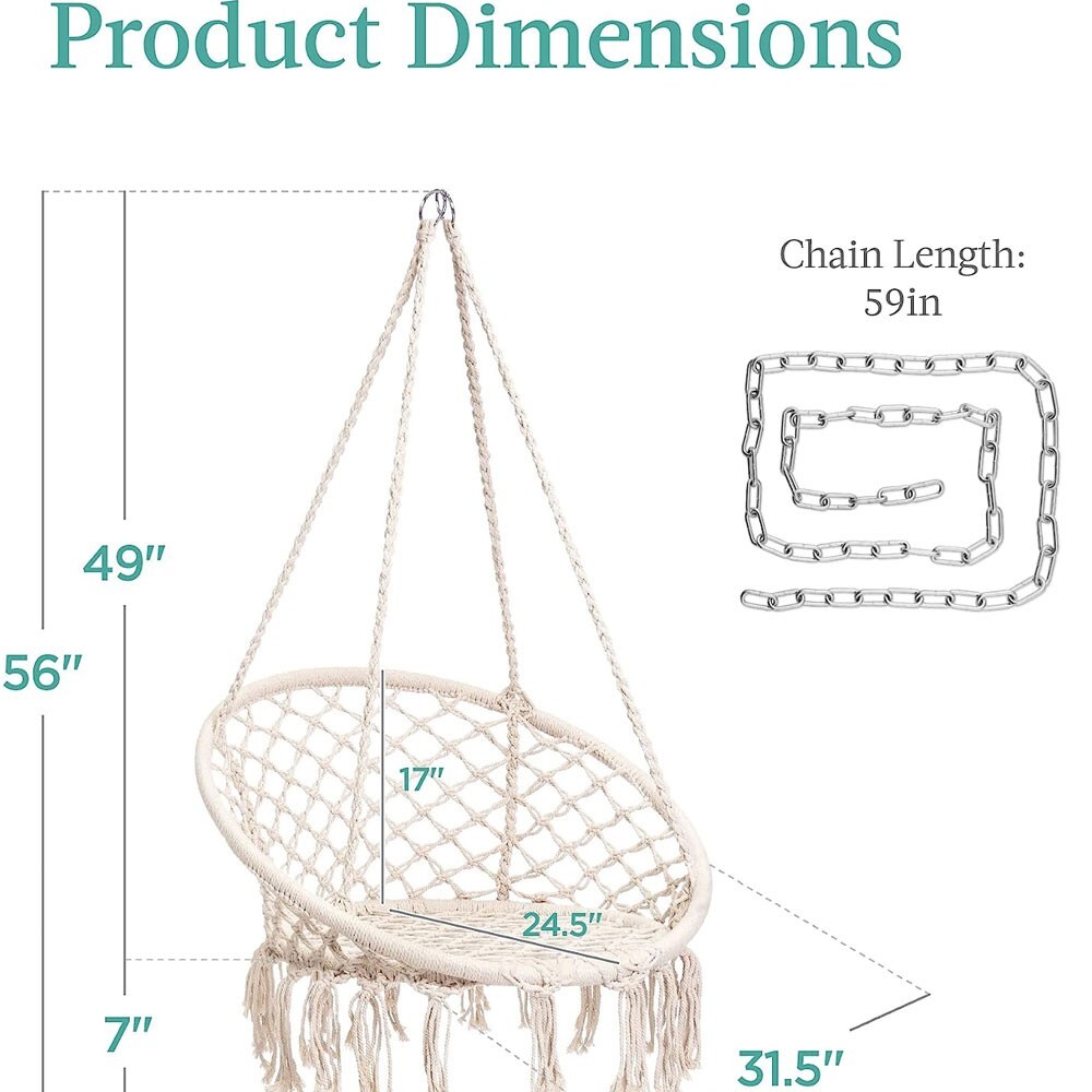 Hanging Chair, Handwoven Cotton Hammock Swing w/Mounting Hardware, Backrest