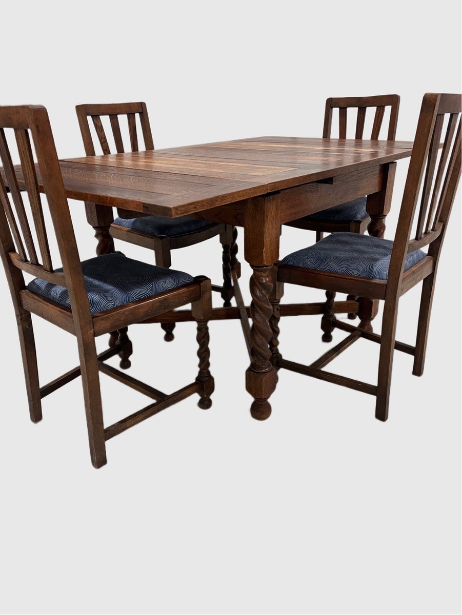 Antique English Tiger Oak Expandable Draw Leaf Table Dining Set, C