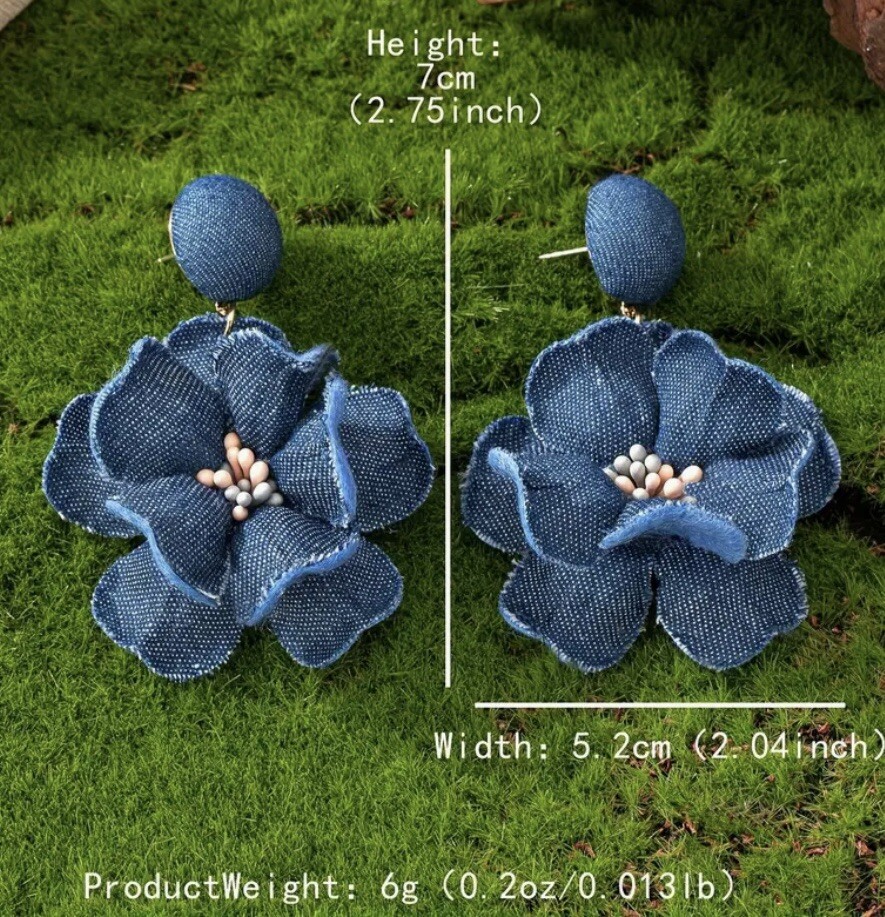 Flower Earrings Denim Zara Jeans Stud Rose Boho Exeggerated Fabric Gold