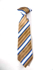 Boys Toddler CLIP-ON TIE Blue White Tan Stripe Woven Design 9-1/2"