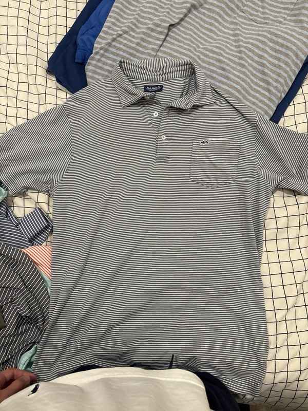 Fish hippie Company men’s polo size large light blue white stripes front pocket