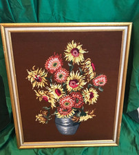 Vintage Needlepoint Daisy Wild Flowers in Vase Gold Wood Frame Handmade 26x22