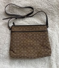 Coach Signature Khaki Canvas File Crossbody Bag F58285 Brown Classic Logo