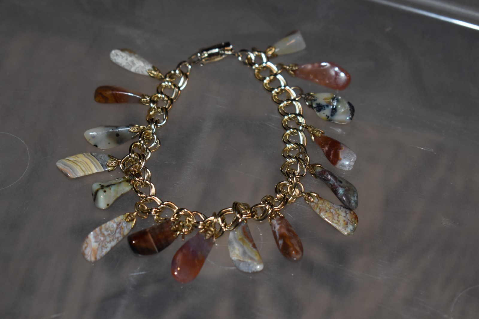 Vintage Gold Chain CHARM BRACELET multi colored stone pendants agate ...