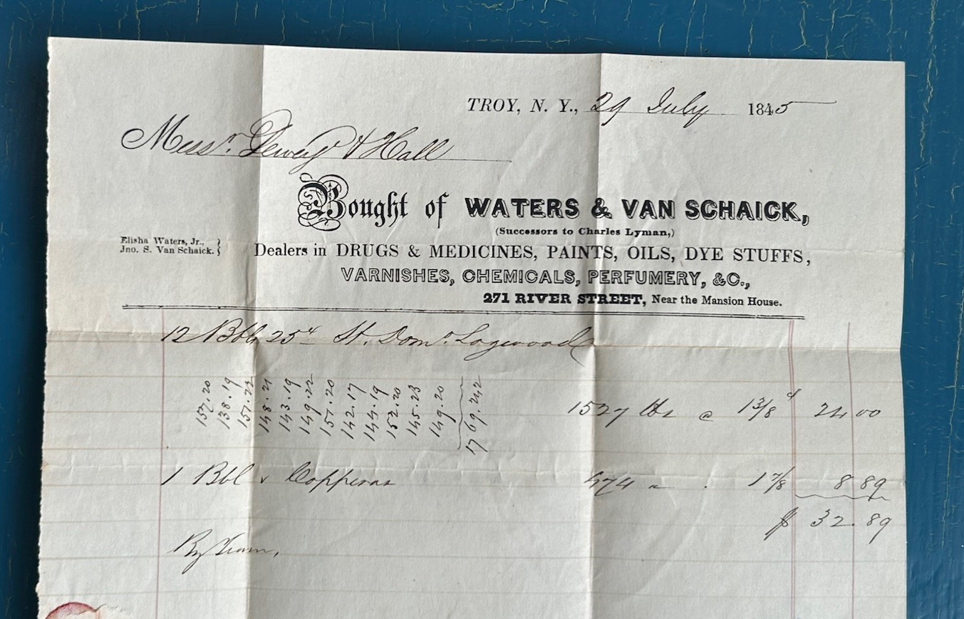 Pontil Ink Bottle Related Invoice E WATERS TROY NY 1840s Stampless Folded Letter