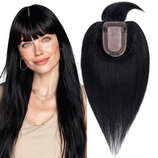 MY-LADY Remy Human Hair Topper with Bangs Silk Base 18" Jet Black open box