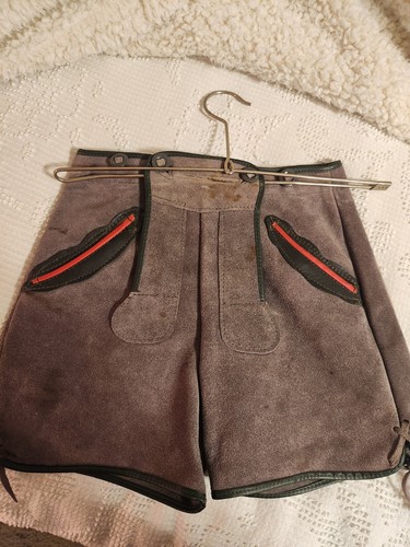 Vintage German Childs Lederhosen Grey Suede Leather Adjustable Pockets 