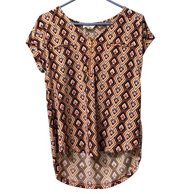 Anthropologie Flower & Feather Shirt Size Small Short Sleeve Zipper Geometric