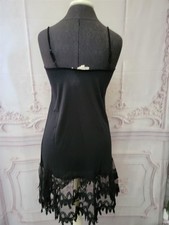 Victorian Trading Melanie Tiered Lace Hem Slip Dress Black Nightgown S
