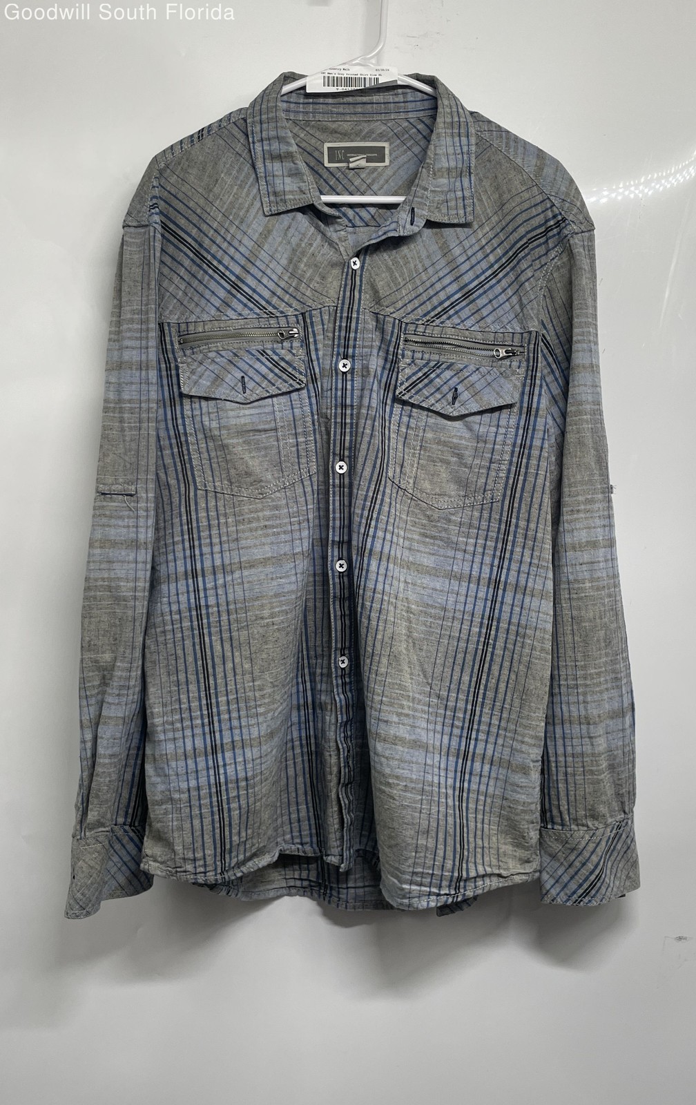 INC International Concepts Mens Gray Plaid Print Button-Up Shirt Size XL