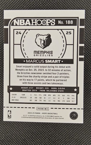 2024-25 NBA Hoops Marcus Smart Teal Explosion SP Grizzlies #188 NM+ - Bild 2 von 10