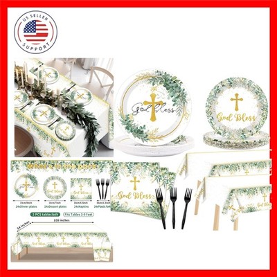 98pcs God Bless Plates Baptism Tableware First Holy Communion Mi Bautizo Disp...
