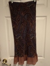 Willi Smith Paisley Silk Blend Midi Skirt Brown Blue Sheer Hem Boho Vintage 2