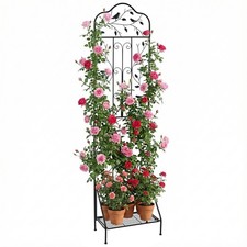 COSTWAY 190cm Freestanding Rose Metal Trellis with Foldable Shelf