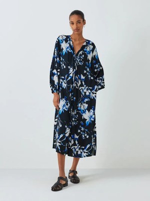 JOHN LEWIS WATERCOLOUR BLOOM BLUE NAVY WHITE FLORAL MIDI MIDAXI DRESS 14 16 EXC
