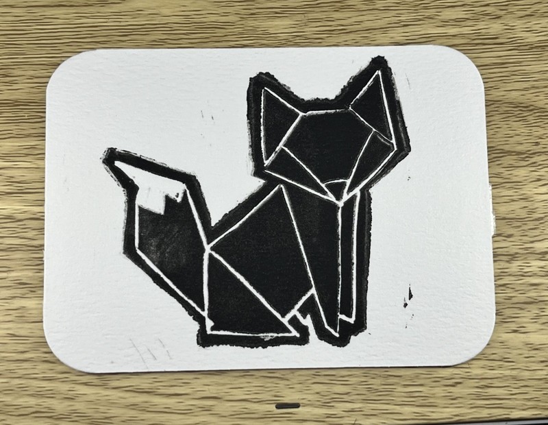ACEO, Origami Paper Fox Linocut on Paper, Fox  Art
