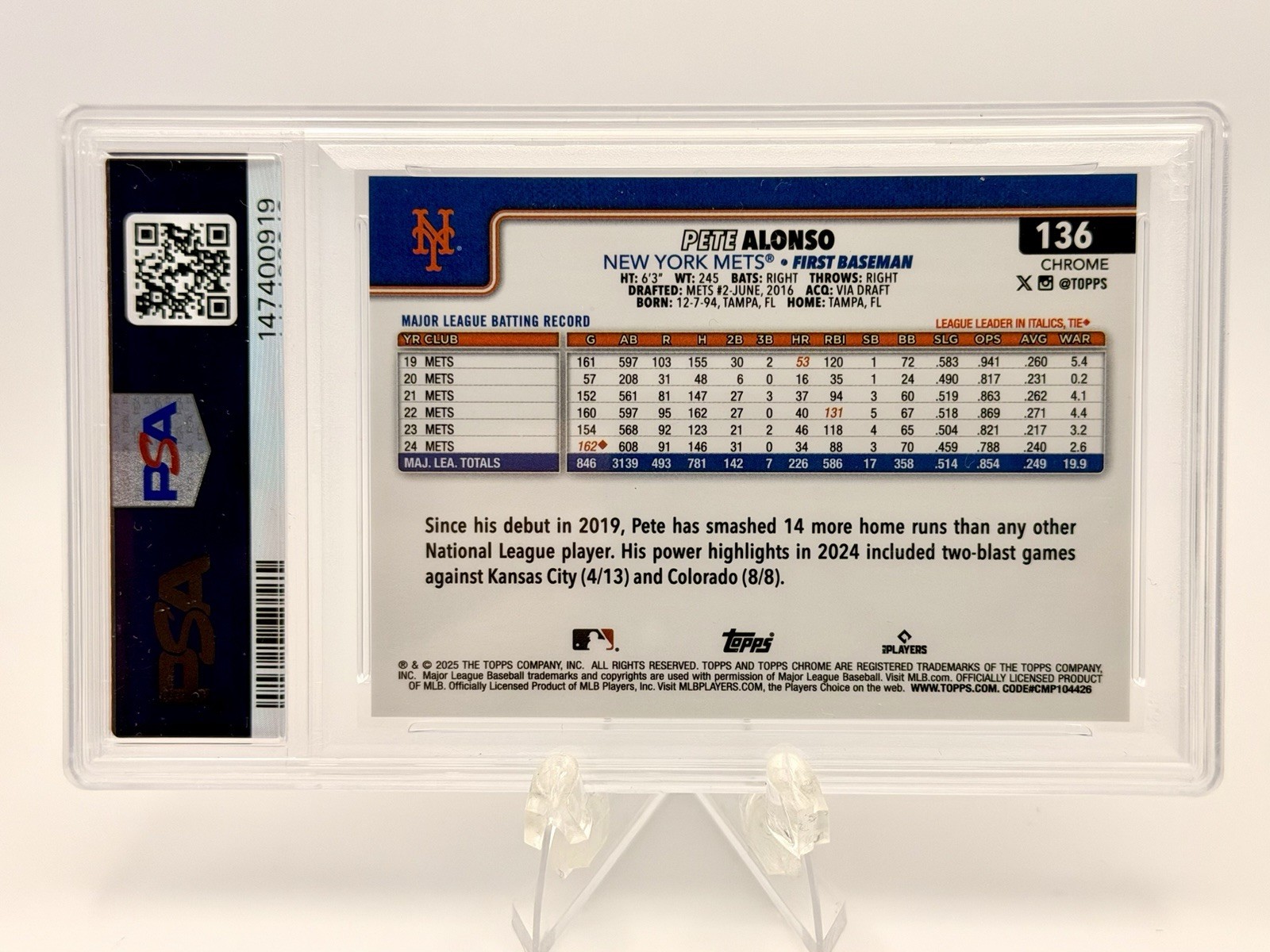 2025 Topps Chrome - Pete Alonso #136 Blue RayWave Refractor /150 PSA 9 view 2