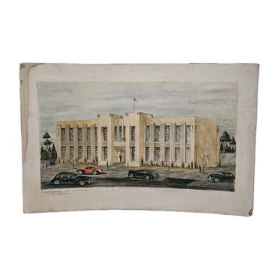 Original 1940's Art Deco Civic Building Architectural Rendering Ink/Wash  25x16''