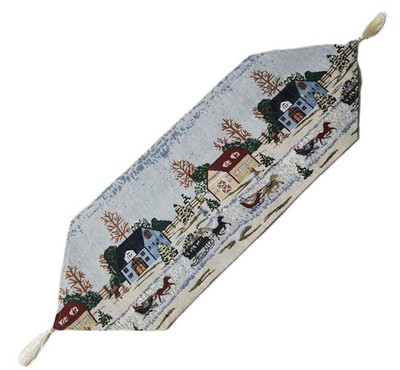 CHRISTMAS Tapestry Table RUNNER 34''x13'' Country Horse Sleigh Scene Cotton Blend