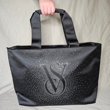 Victorias Secret Shine Tote Bag Black Satin Sparkly Rhinestone VS Logo Handbag